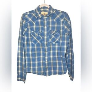 Hollister Blue Plaid Western Snap Button Long Sleeve Shirt - Size Medium M